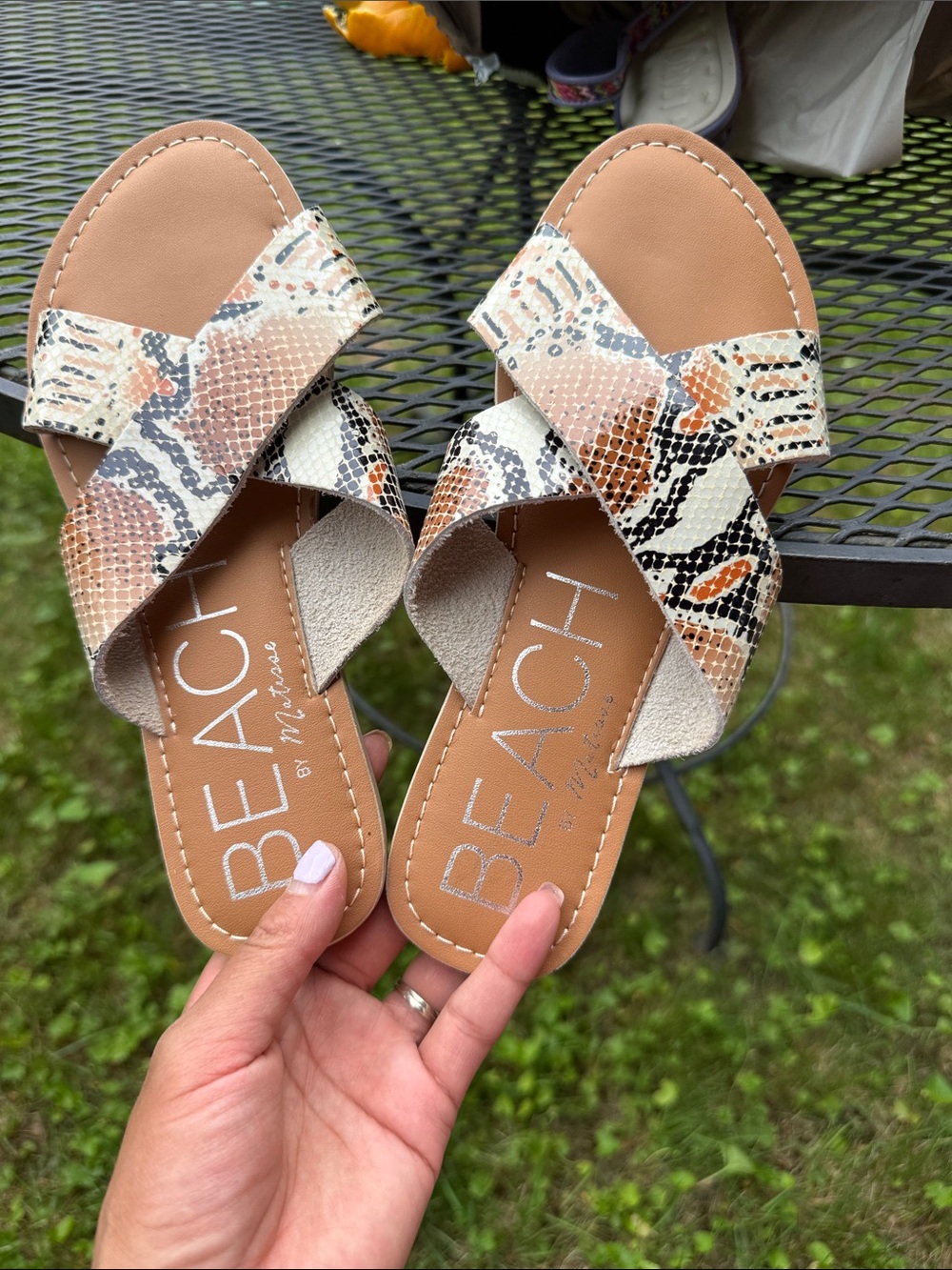 Beach by Matisse Tan Snake-Print Crossband Slide Sandals